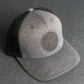 Leather Patch Performance Style Trucker Hat - Circle Patch - Floral Stamp