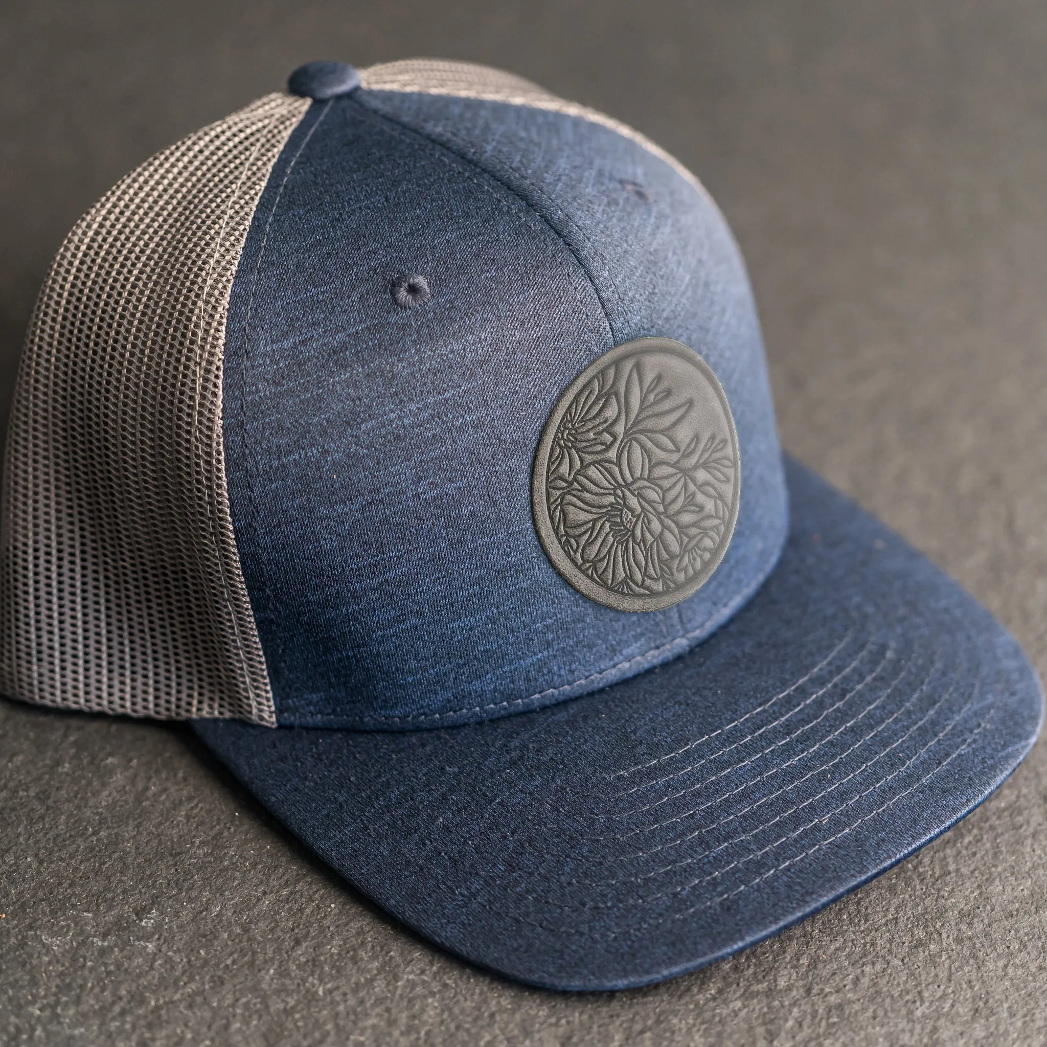 Leather Patch Performance Style Trucker Hat - Circle Patch - Floral Stamp