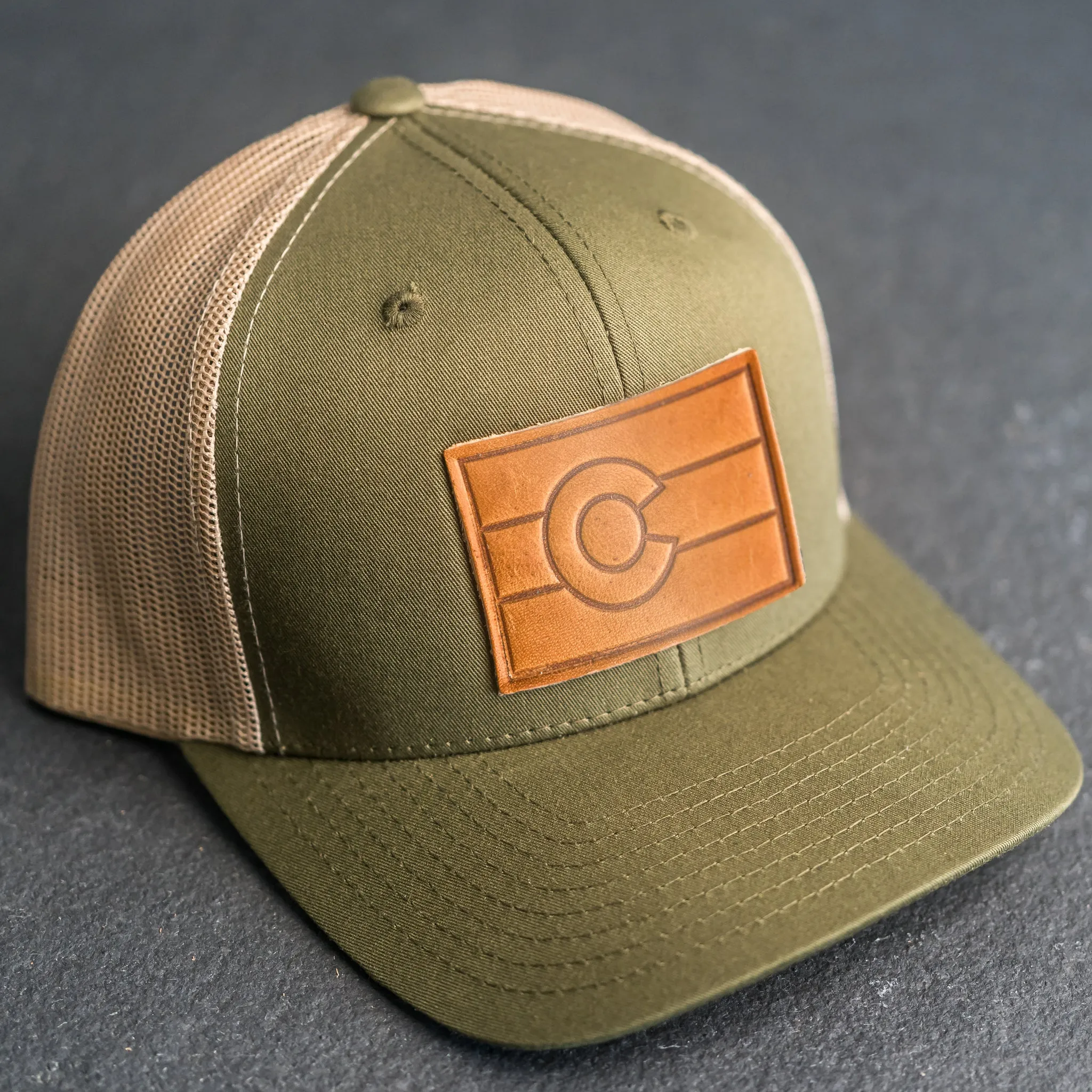 Leather Patch Trucker Style Hat - Colorado Flag Stamp