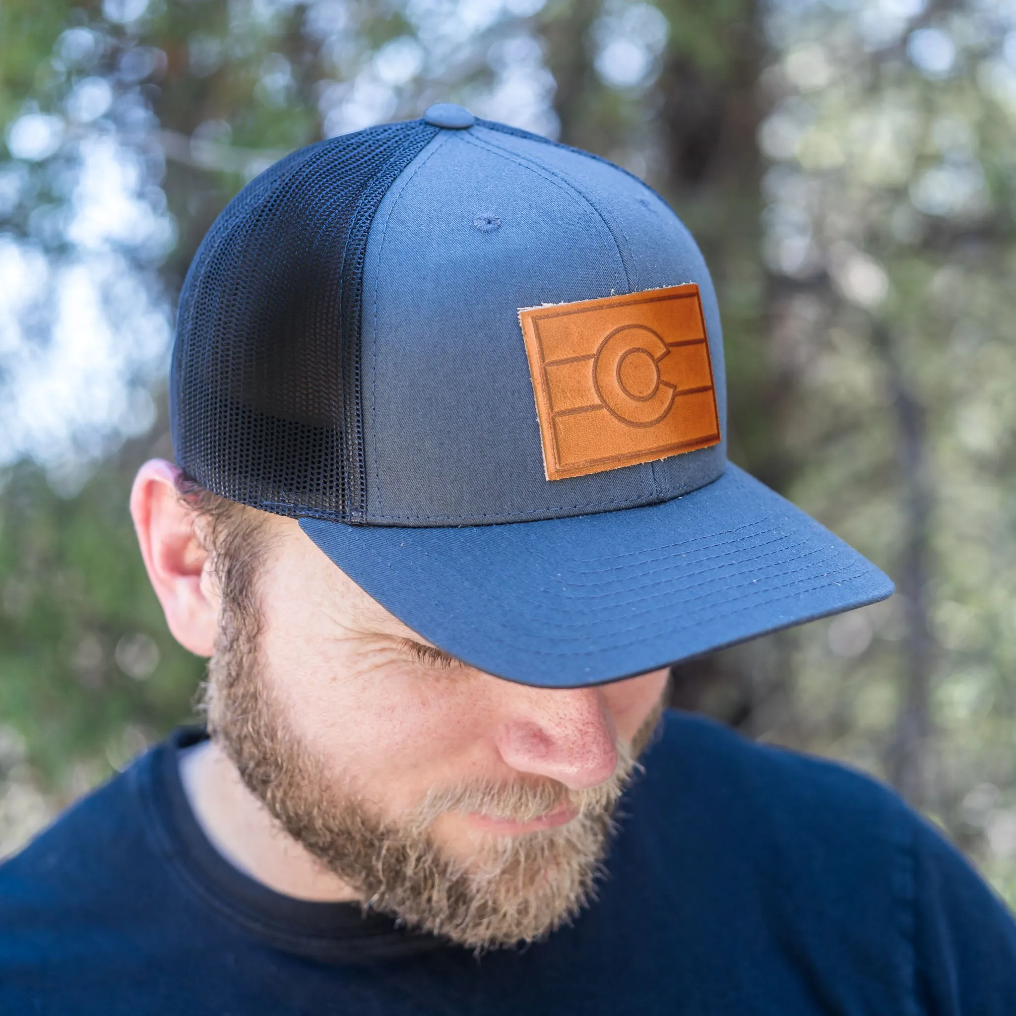 Leather Patch Trucker Style Hat - Colorado Flag Stamp