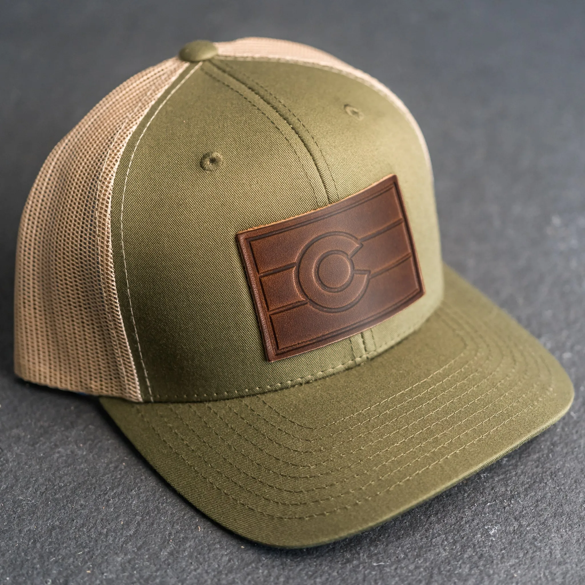 Leather Patch Trucker Style Hat - Colorado Flag Stamp