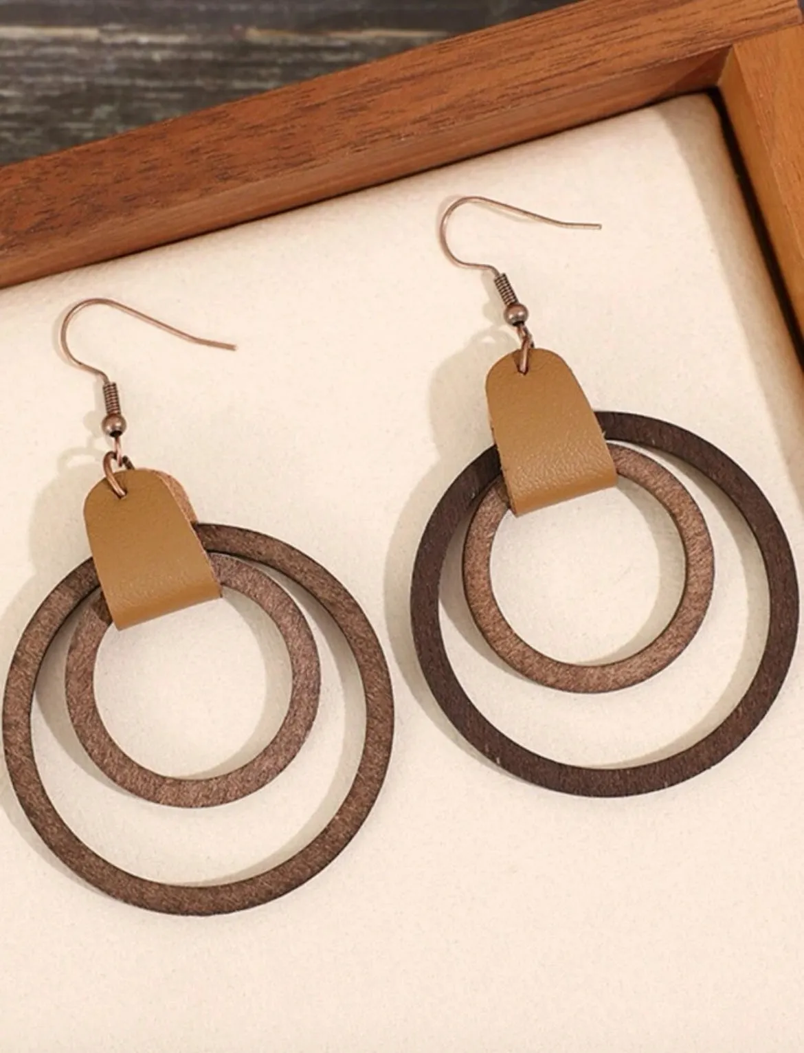 Leather Wrapped Wooden Double Hoop Earrings