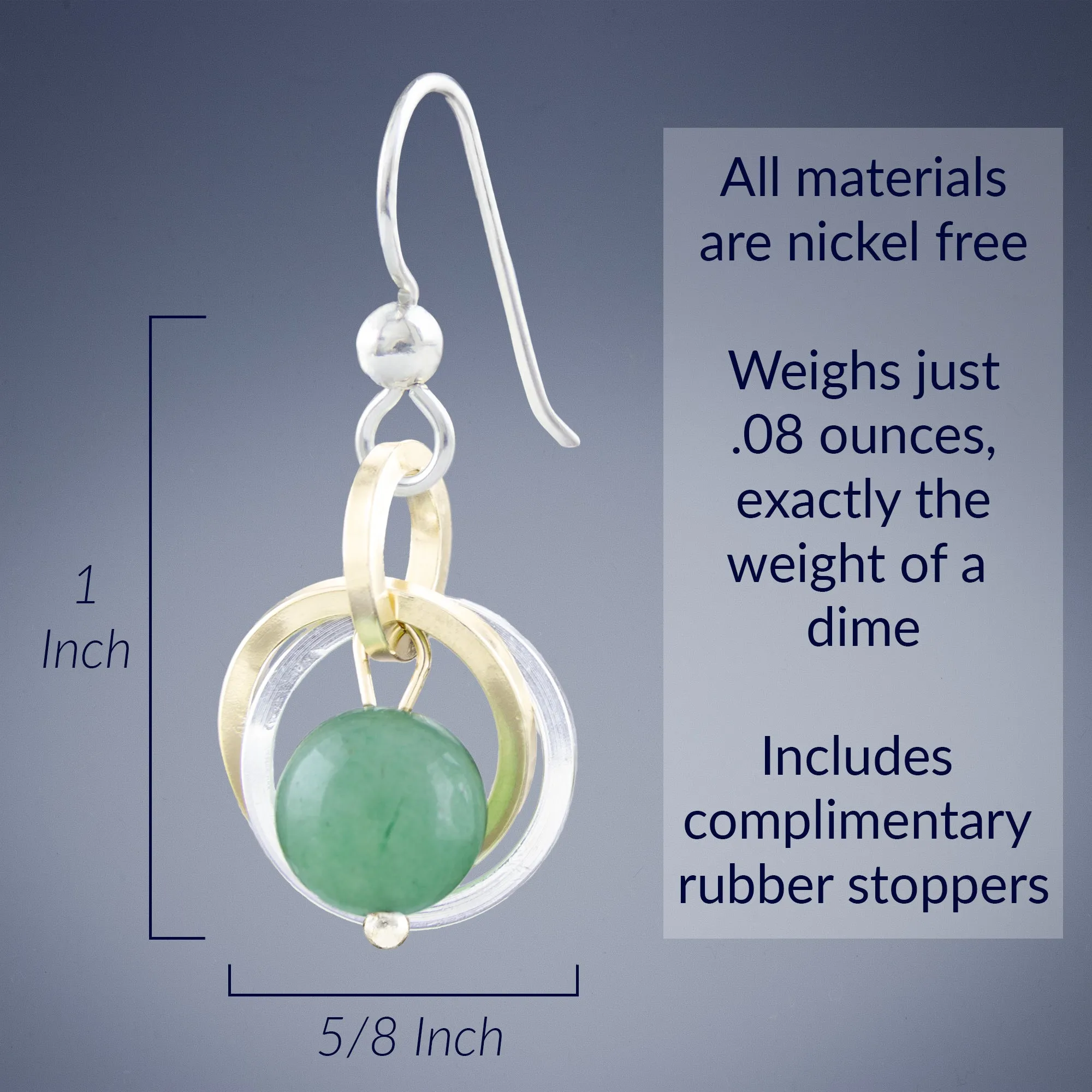 Light Green Aventurine Genuine Gemstone Two Tone Dangle Earrings in Sterling Silver and 14K Gold Fill