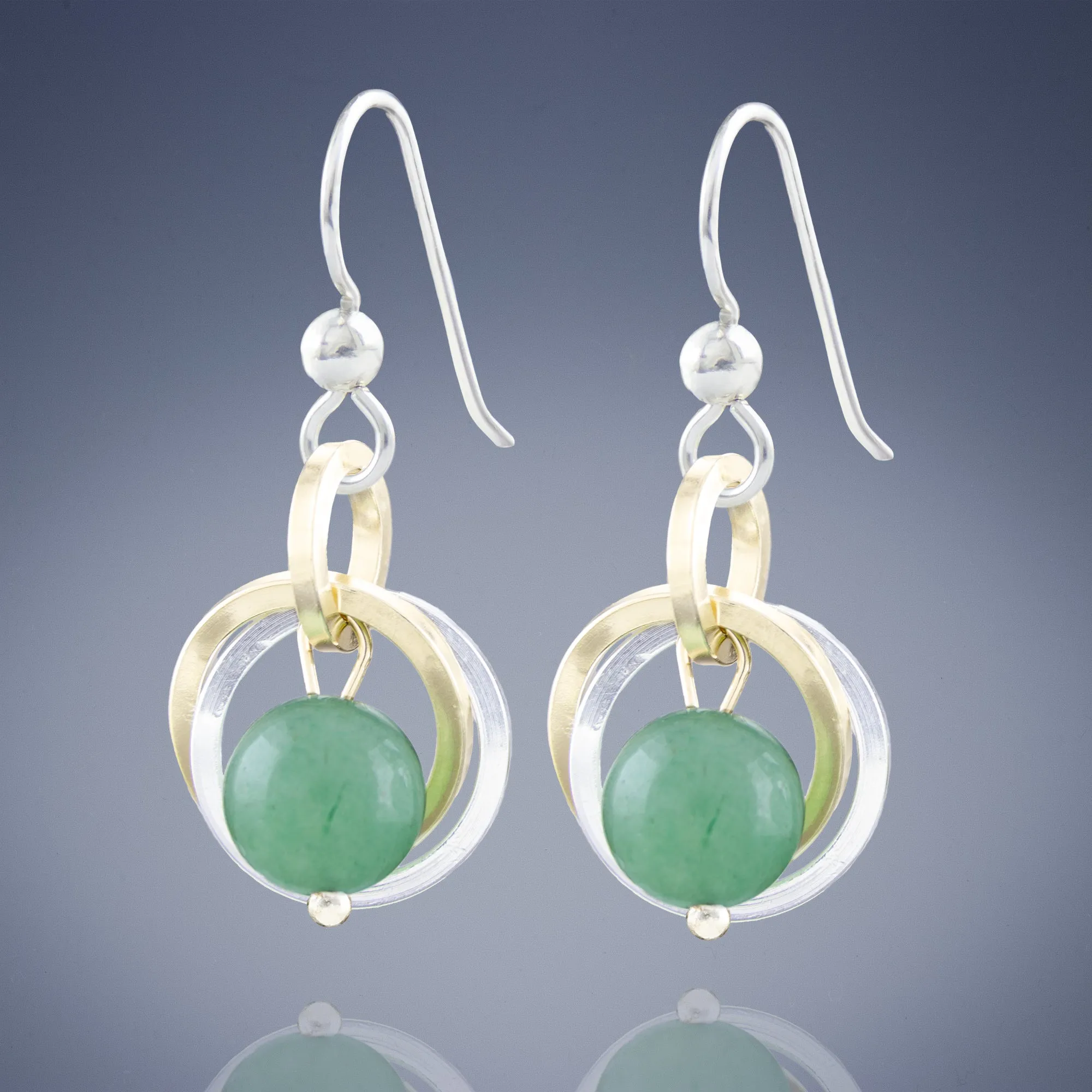 Light Green Aventurine Genuine Gemstone Two Tone Dangle Earrings in Sterling Silver and 14K Gold Fill