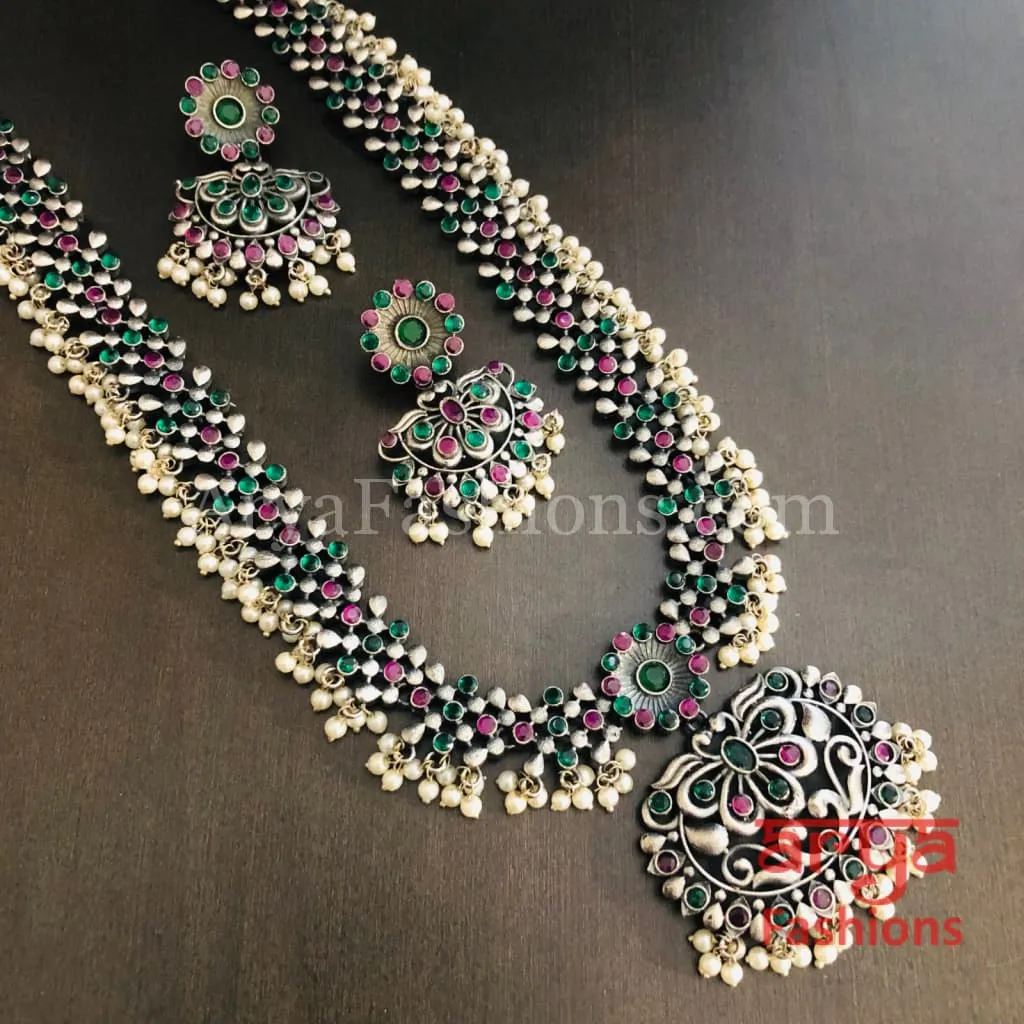 Long Multicolor Stone Oxidized Silver Haram Necklace