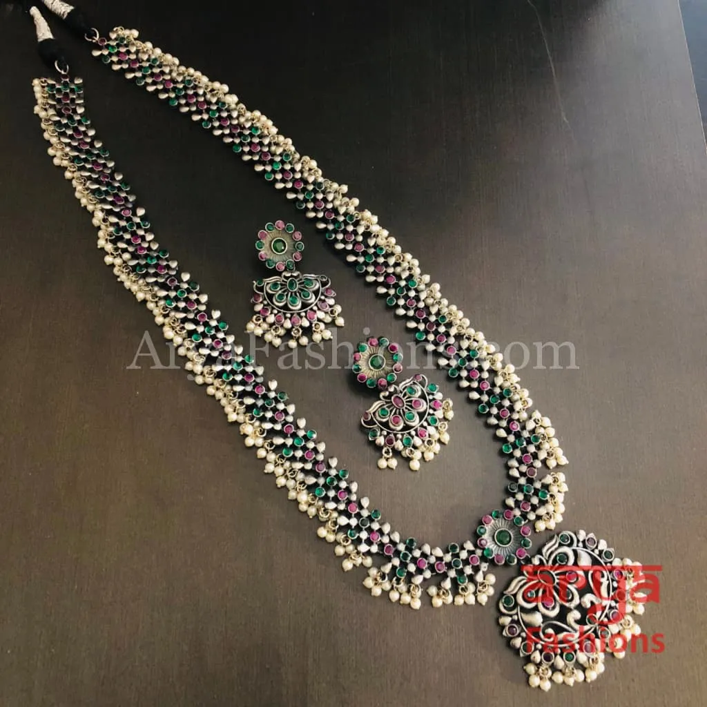 Long Multicolor Stone Oxidized Silver Haram Necklace