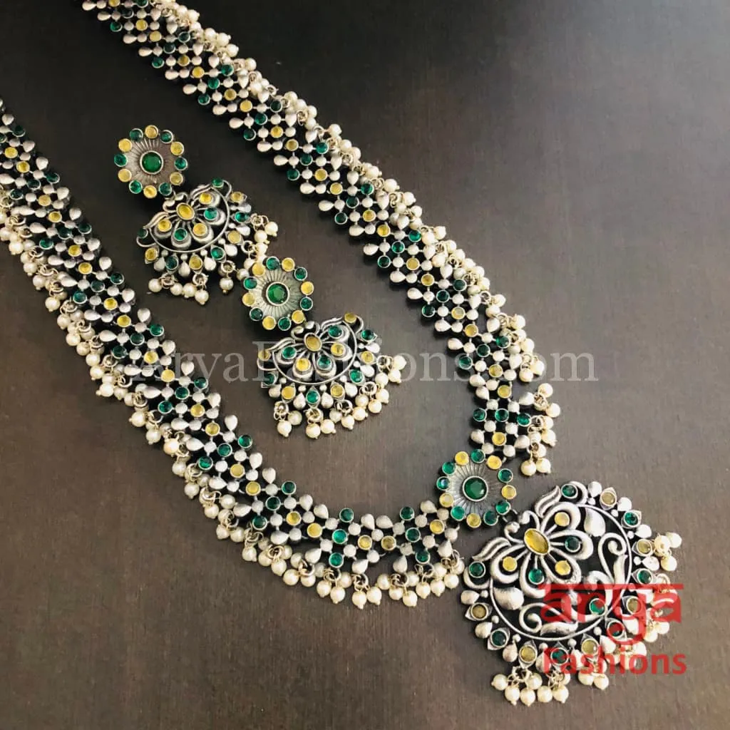 Long Multicolor Stone Oxidized Silver Haram Necklace