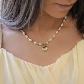 LOVER | Pearl and Heart Necklace With 18K Gold Plated Beads.