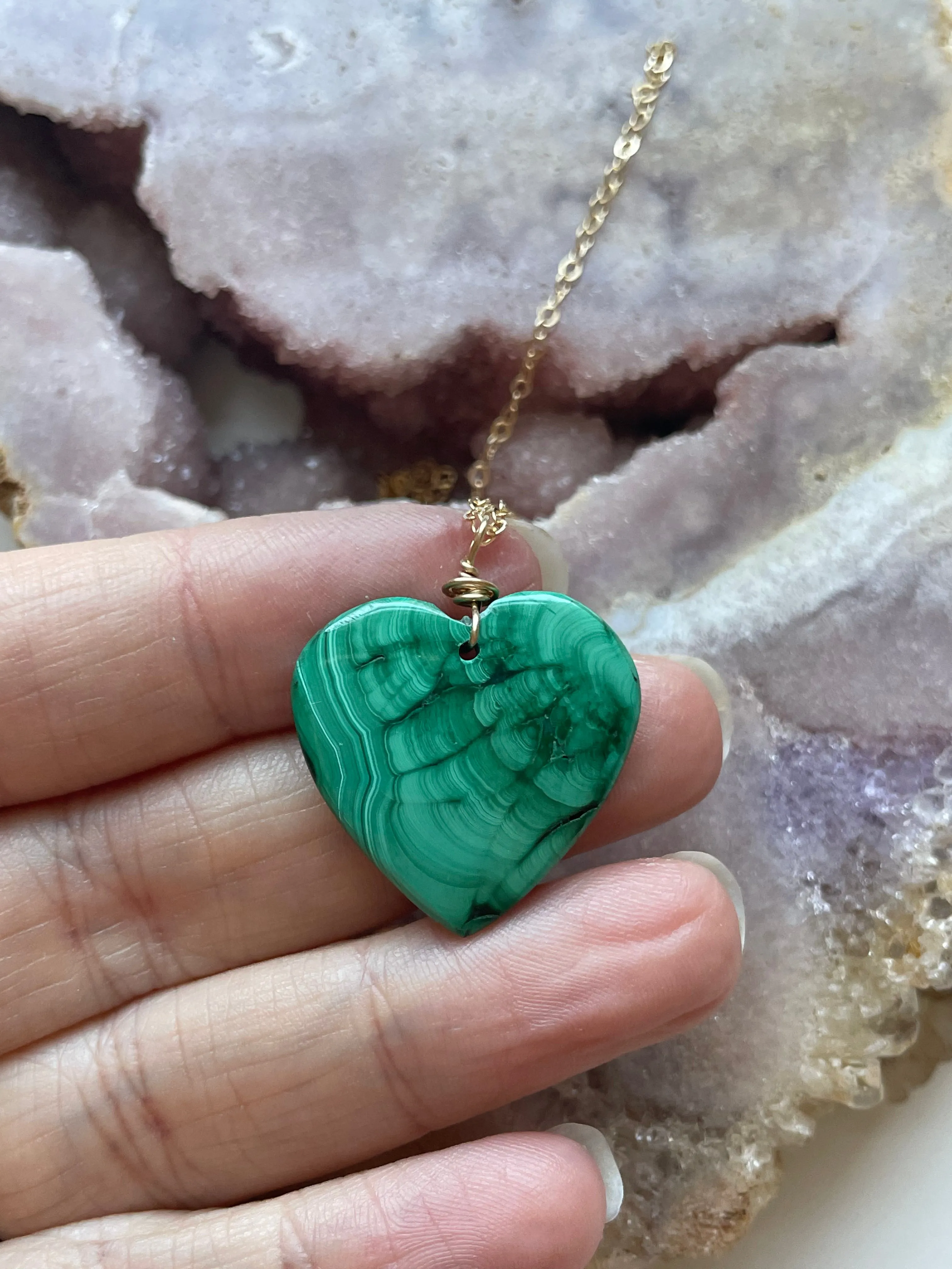 Malachite Heart Crystal Pendant Necklace 14kt Gold Filled 16”