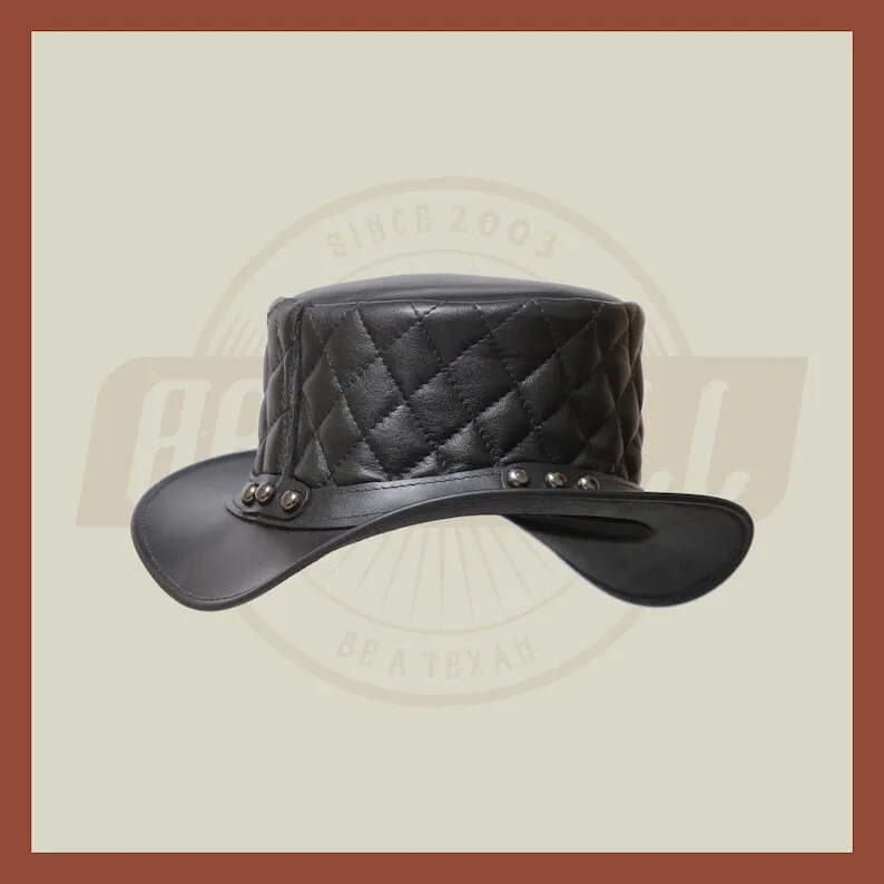 Men’s Leather Steampunk Plain Motorcycle Side Bead Band Biker Quilted Top Hat- Black Leather Hat, Leather Top Hat