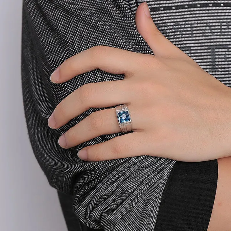 Mens Rings Stainless Steel Blue Cubic Zirconia Cut Fashion Jewelry Wedding Band