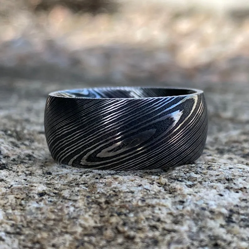 Mens Wedding Band, 11mm Damascus Steel Ring, Damascus Mens Rings