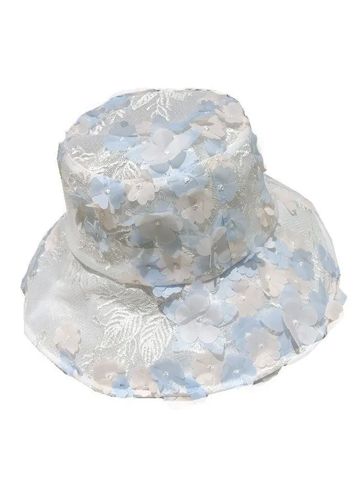 Modern Blue Floral mbroidery Tulle Bucket Hat LC0549