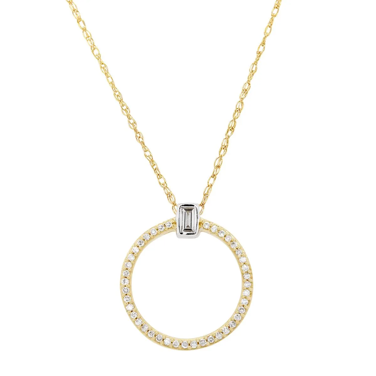 MODERN STYLE YELLOW GOLD NECKLACE WITH DIAMOND CIRCLE PENDANT, .15 CT TW