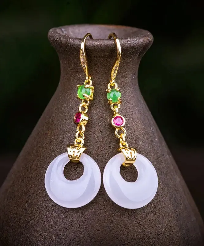 Modern White Sterling Silver Overgild Zircon Jade Drop Earrings LY8548