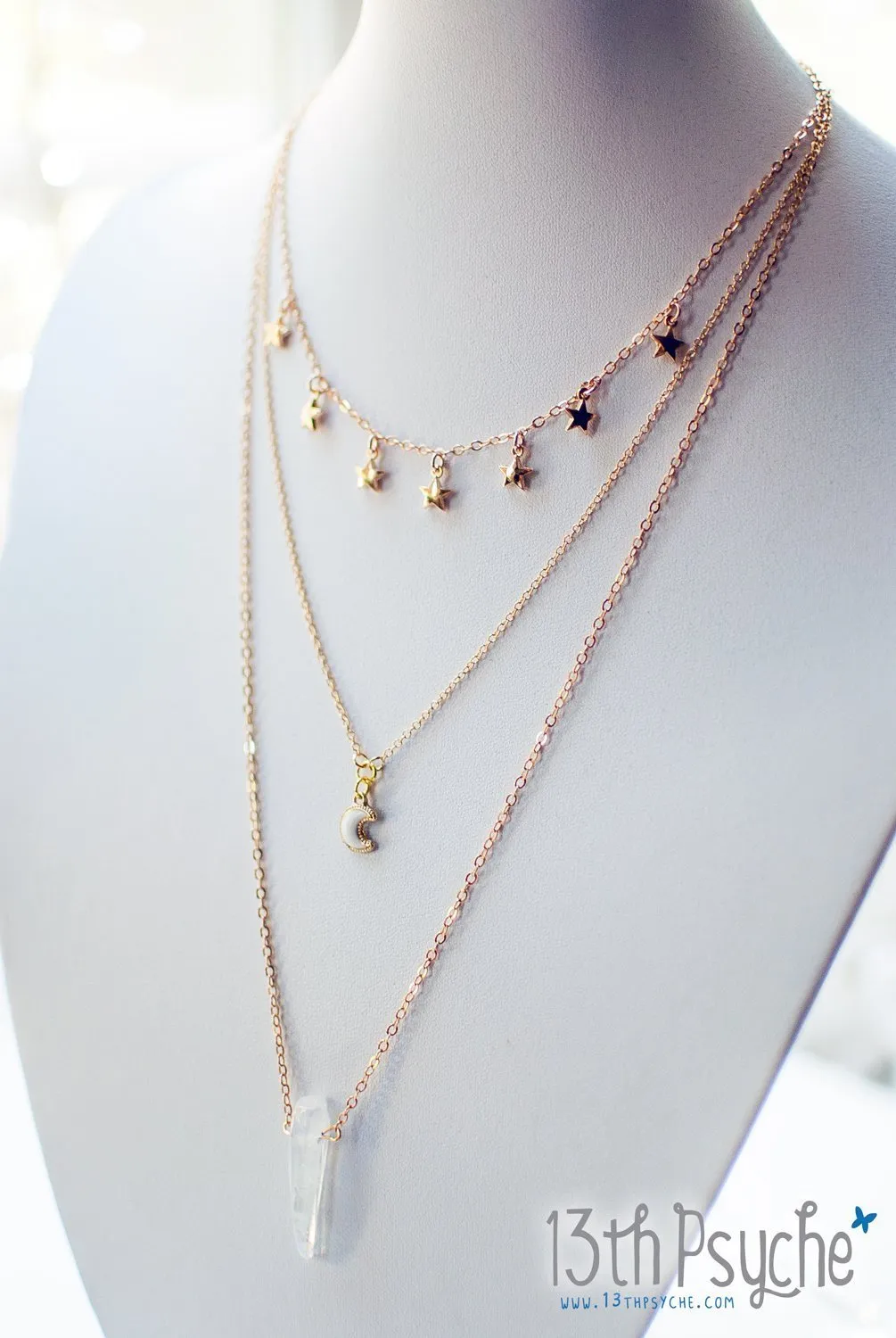 Moon, stars and quartz triple layered necklace set