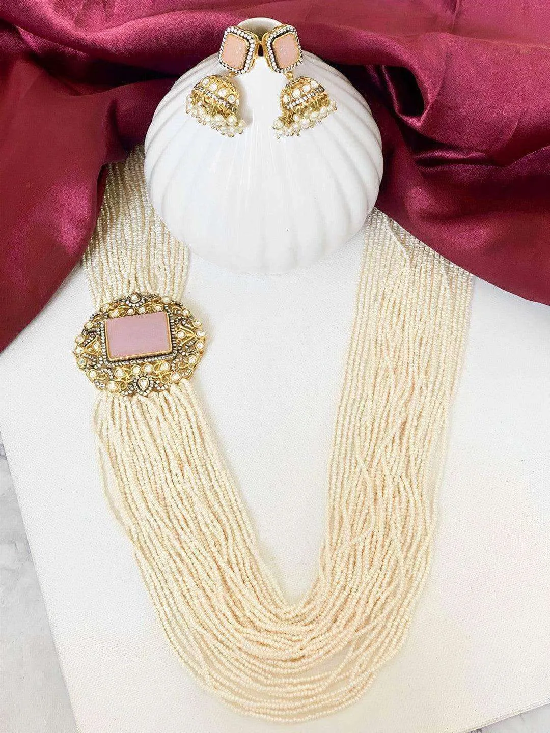 Multi Layered Pearl Side Patch Necklace Set