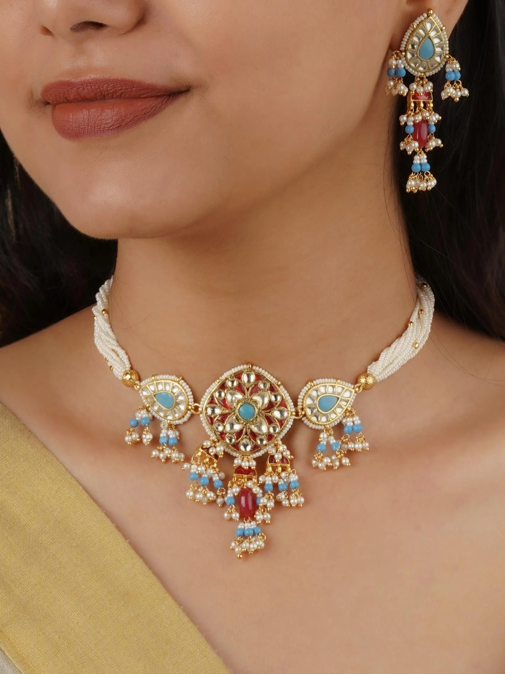 Multicolor Gold Plated Jadau Kundan Necklace Set - MS2146MA