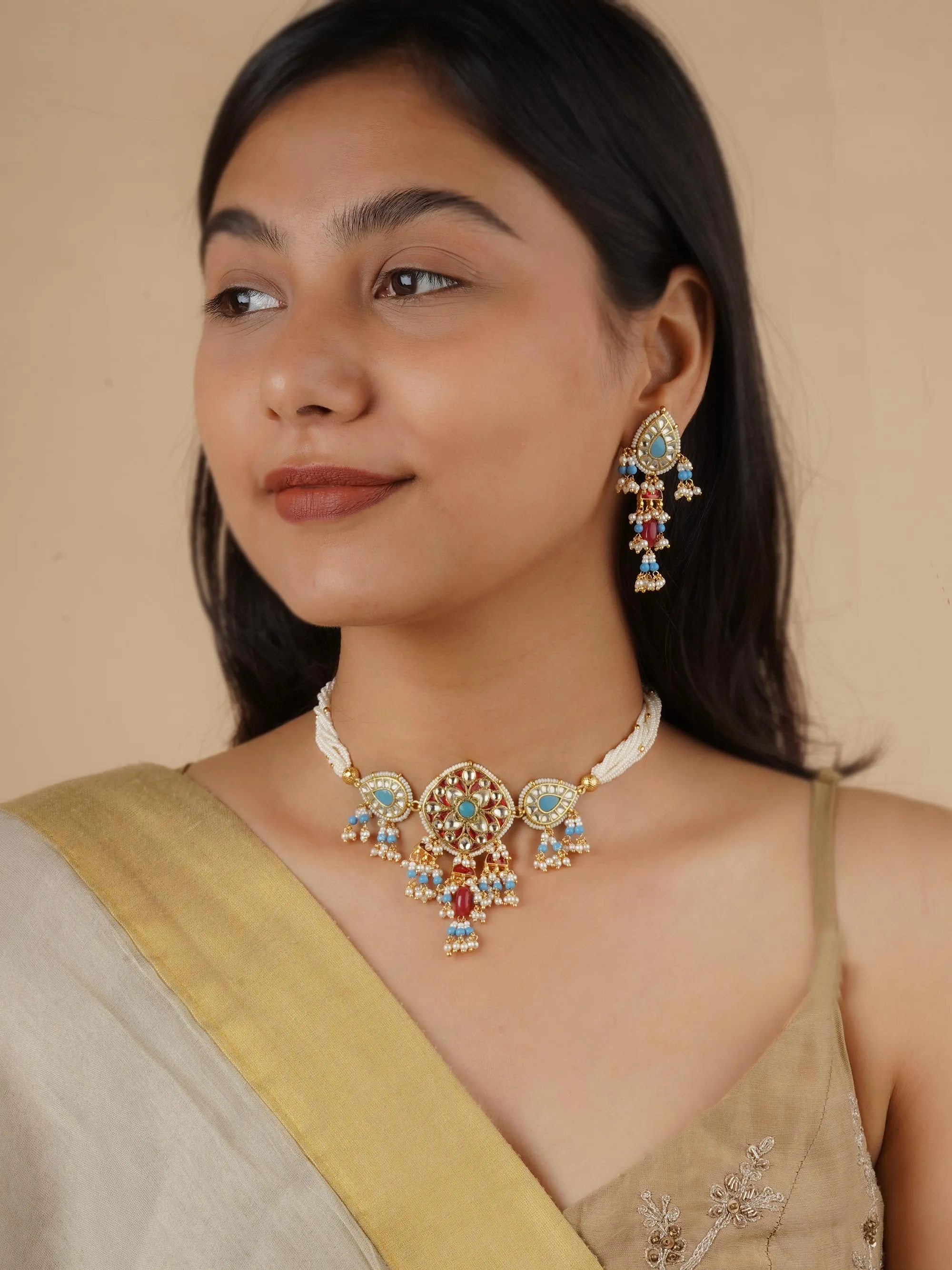 Multicolor Gold Plated Jadau Kundan Necklace Set - MS2146MA