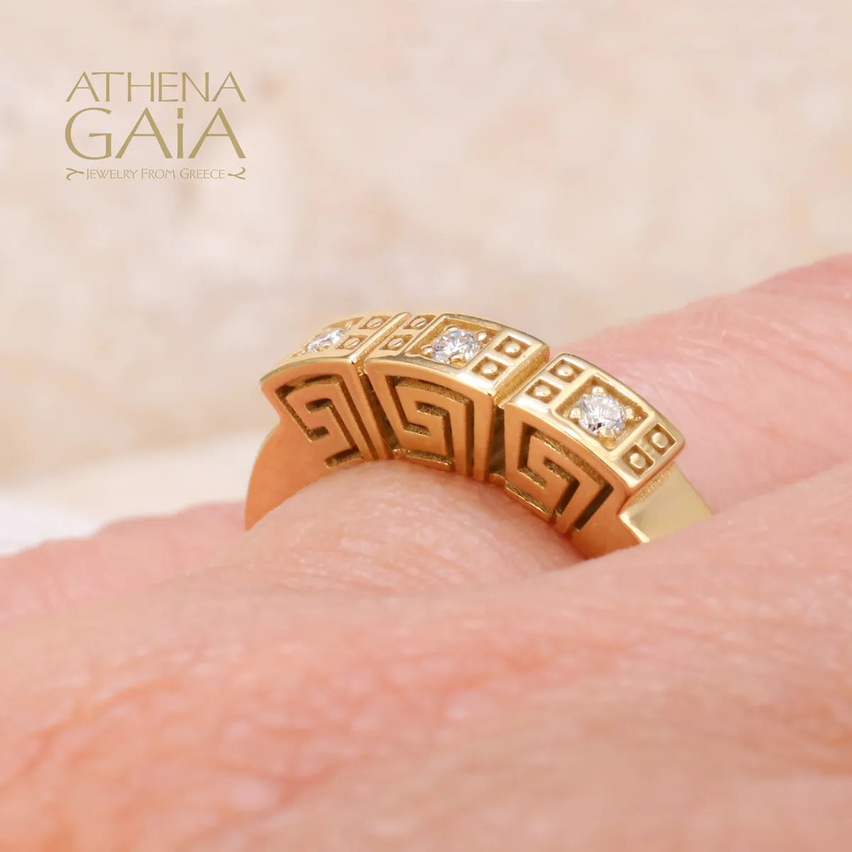 Mythical Greek Key Diamonds 3 Section Band Ring