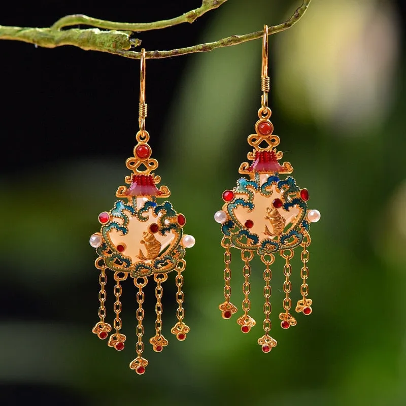 Natural Hetian Jade Enamel Porcelain Coy Fish Tassel Earrings