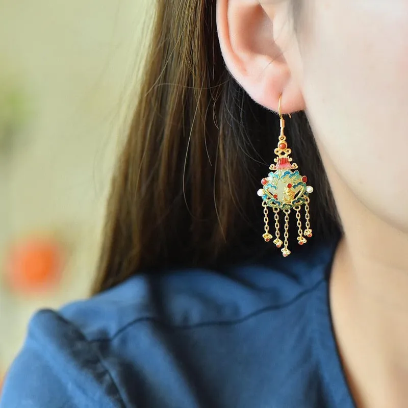 Natural Hetian Jade Enamel Porcelain Coy Fish Tassel Earrings