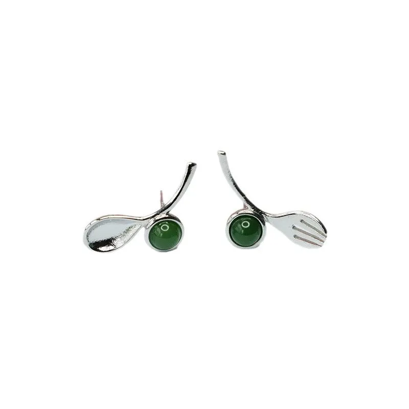 Natural Hetian Jade Jasper Sterling Silver Stud Earrings Knife and Fork Jewelry Fashion Earrings