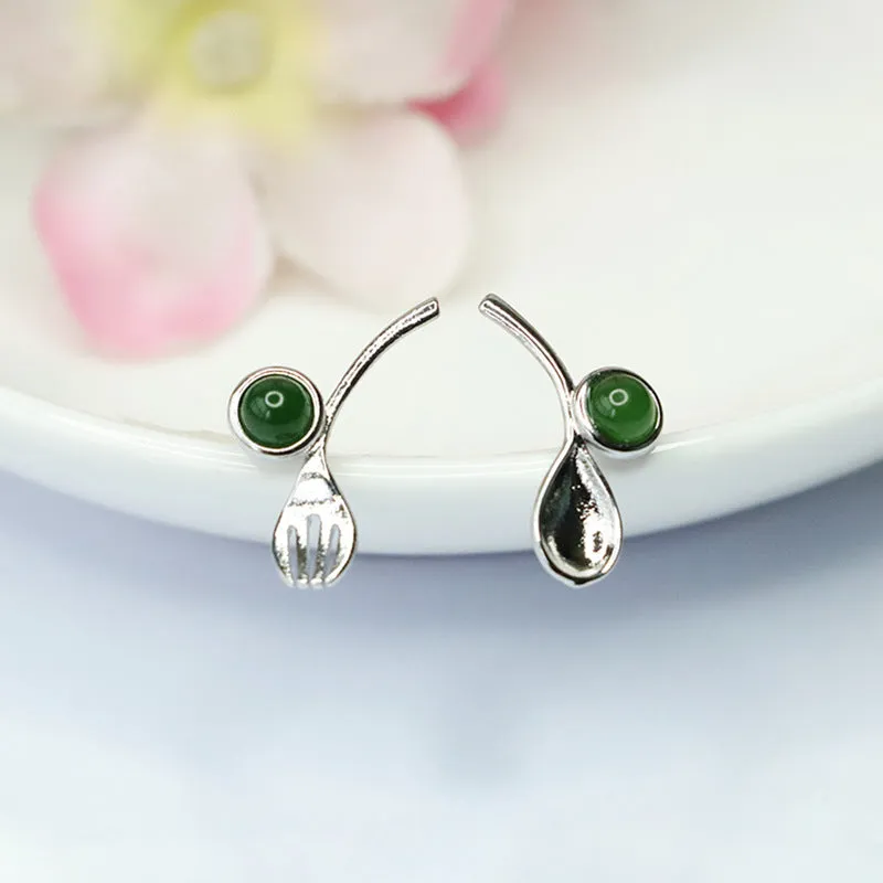 Natural Hetian Jade Jasper Sterling Silver Stud Earrings Knife and Fork Jewelry Fashion Earrings