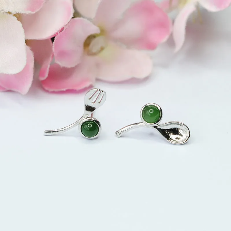 Natural Hetian Jade Jasper Sterling Silver Stud Earrings Knife and Fork Jewelry Fashion Earrings