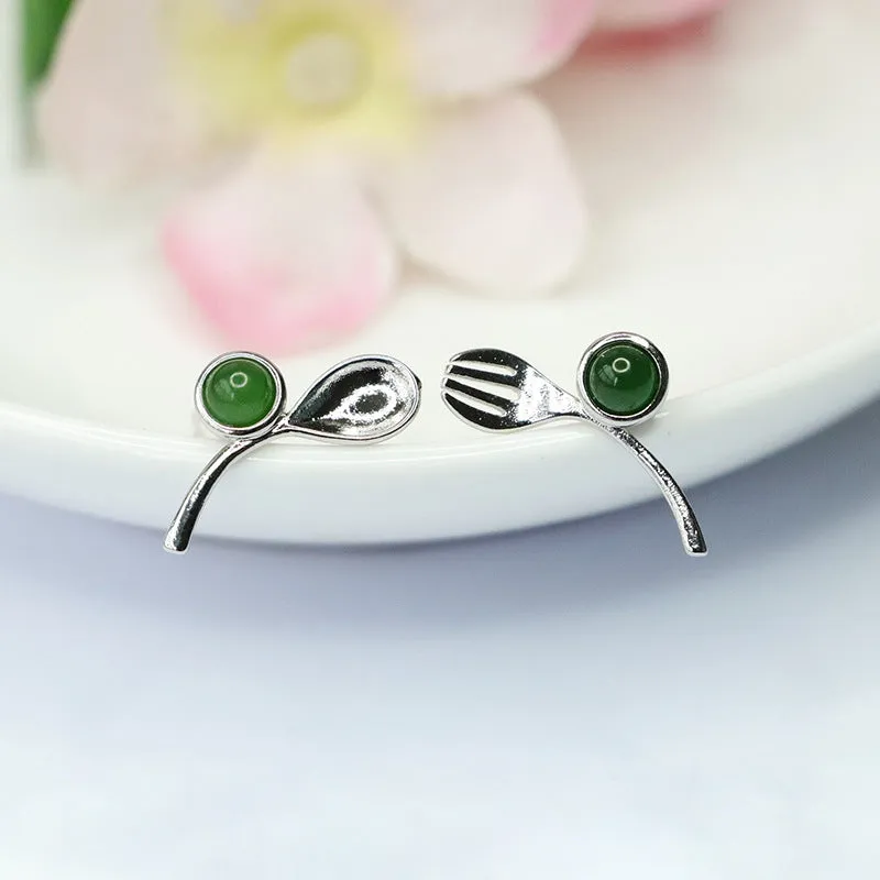 Natural Hetian Jade Jasper Sterling Silver Stud Earrings Knife and Fork Jewelry Fashion Earrings