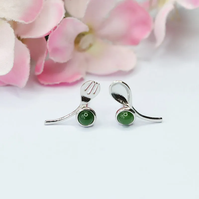 Natural Hetian Jade Jasper Sterling Silver Stud Earrings Knife and Fork Jewelry Fashion Earrings