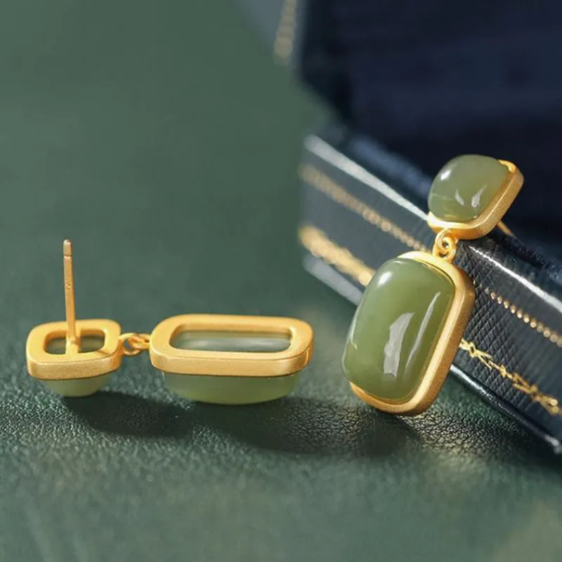 Natural Hotan Green or White Inlaid Drop Jade Earrings