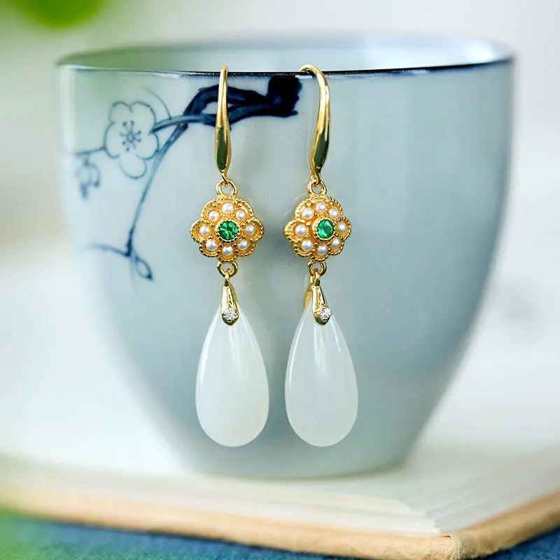 Natural Jade Earrings Nephrite Pearl Silver Earrings ZNE231