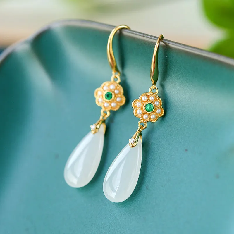 Natural Jade Earrings Nephrite Pearl Silver Earrings ZNE231