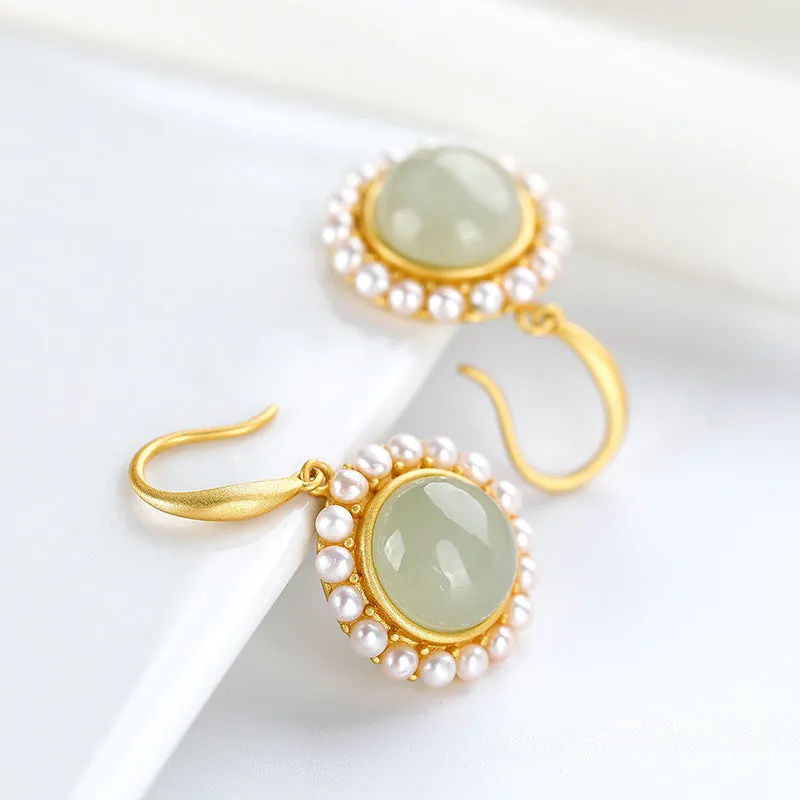 Natural Jade Earrings Nephrite Pearl Silver Earrings ZNE335