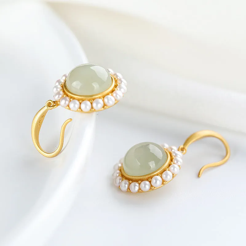 Natural Jade Earrings Nephrite Pearl Silver Earrings ZNE335