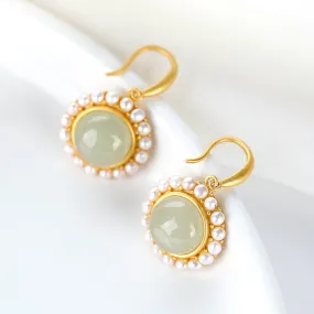 Natural Jade Earrings Nephrite Pearl Silver Earrings ZNE335