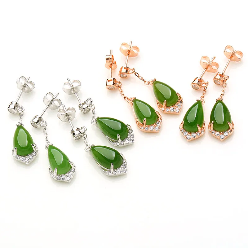 Natural Jade Earrings Nephrite Silver Earrings WE26