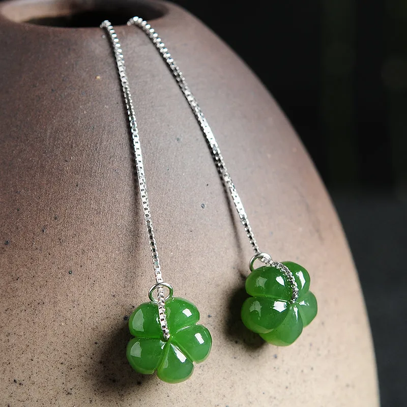 Natural Jade Earrings Nephrite Silver Flower Earrings WE31