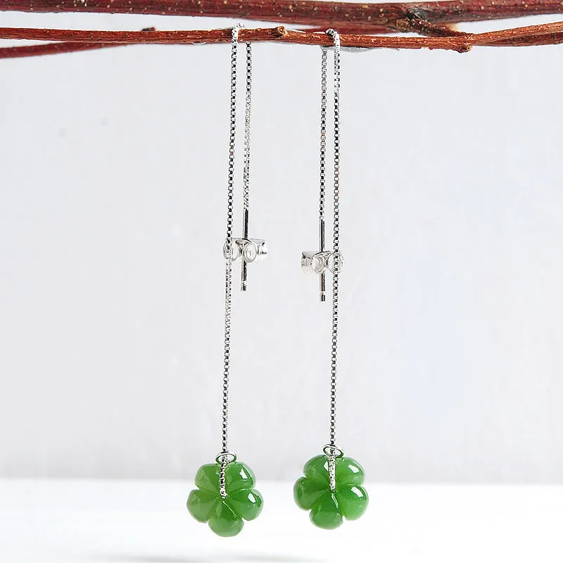 Natural Jade Earrings Nephrite Silver Flower Earrings WE31