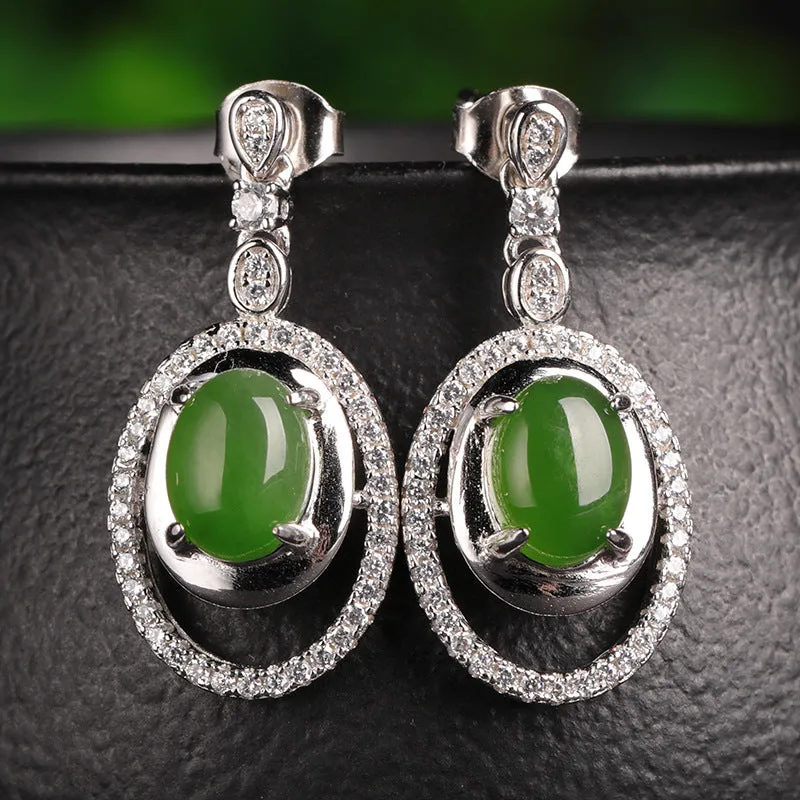 Natural Jade Earrings Nephrite Silver Zircon Earrings ZEG527