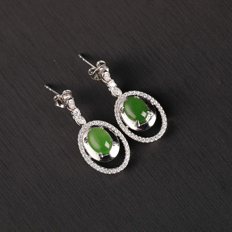 Natural Jade Earrings Nephrite Silver Zircon Earrings ZEG527