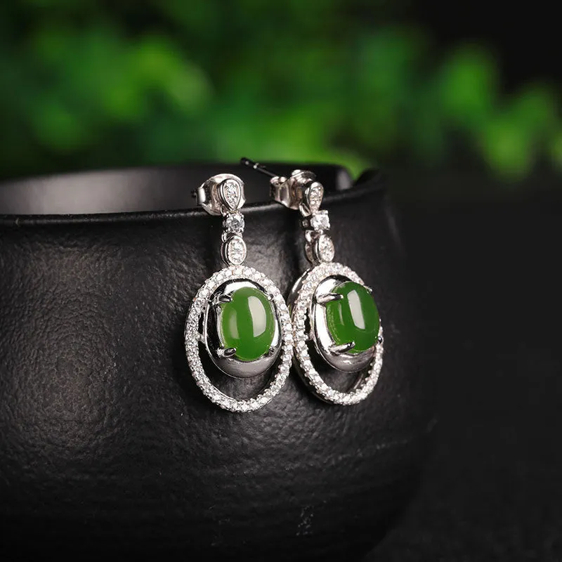 Natural Jade Earrings Nephrite Silver Zircon Earrings ZEG527