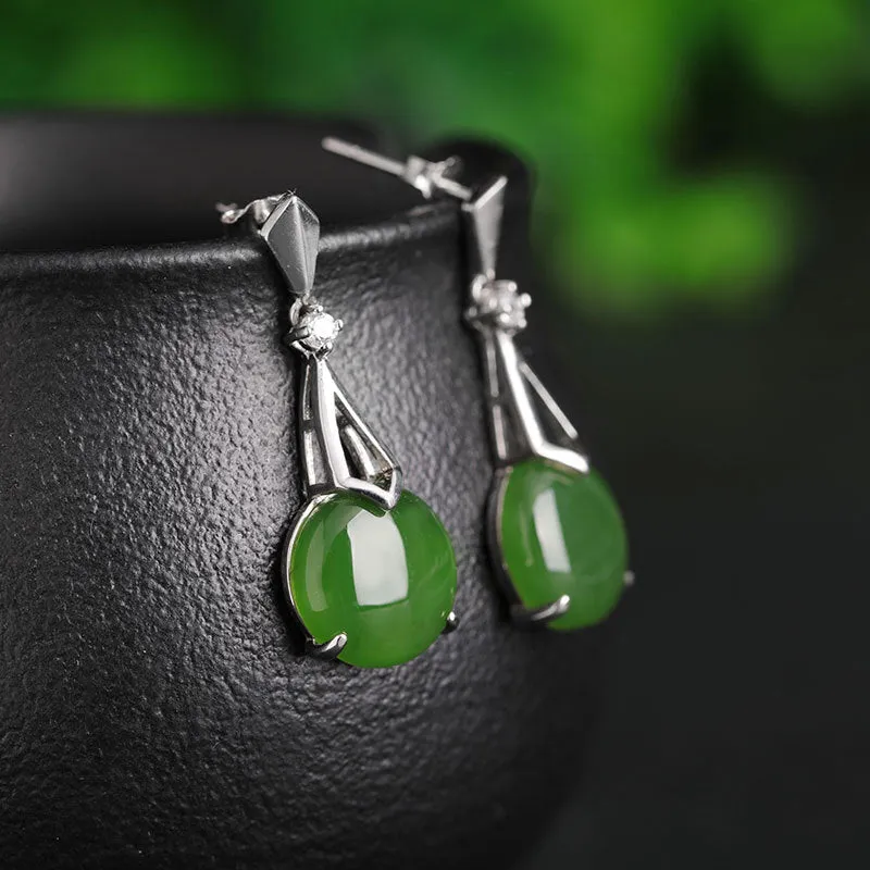 Natural Jade Earrings Nephrite Silver Zircon Earrings ZEG550