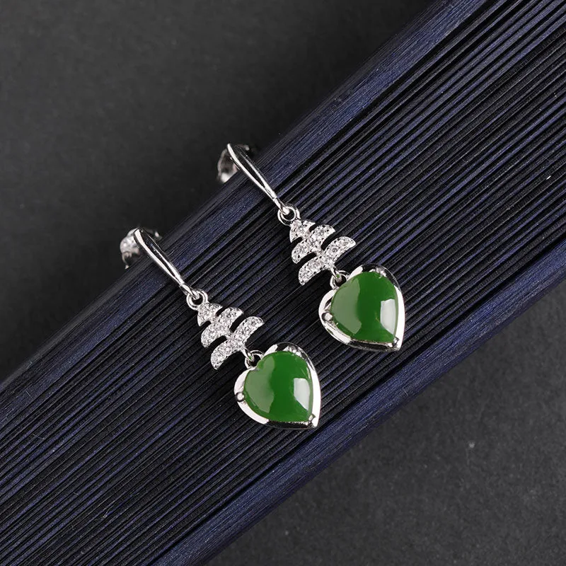 Natural Jade Earrings Nephrite Silver Zircon Earrings ZEG556