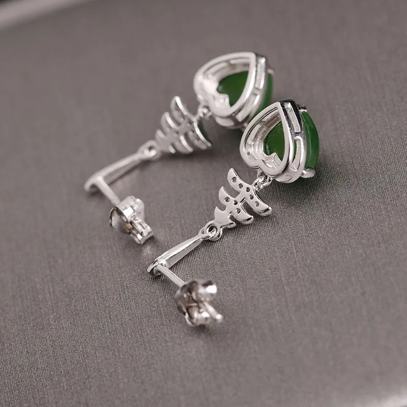 Natural Jade Earrings Nephrite Silver Zircon Earrings ZEG556