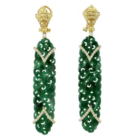 Oval Carved Green Jade Prong Natural Ice Diamond Designer Earrings In 18K Yellow Gold