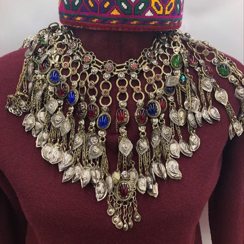 Oversized Bib Tribal Necklace With Multicolor Glass Stones