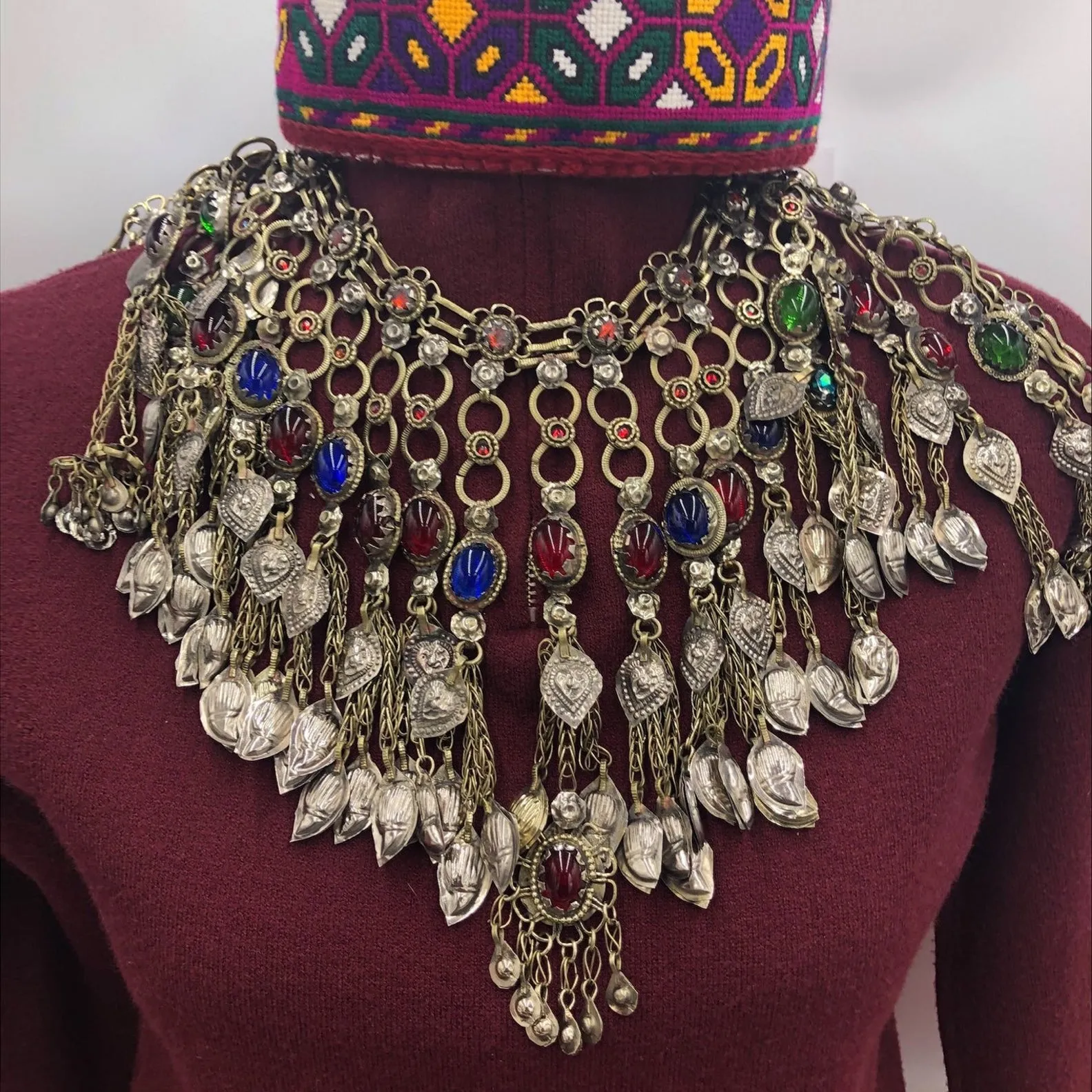 Oversized Bib Tribal Necklace With Multicolor Glass Stones