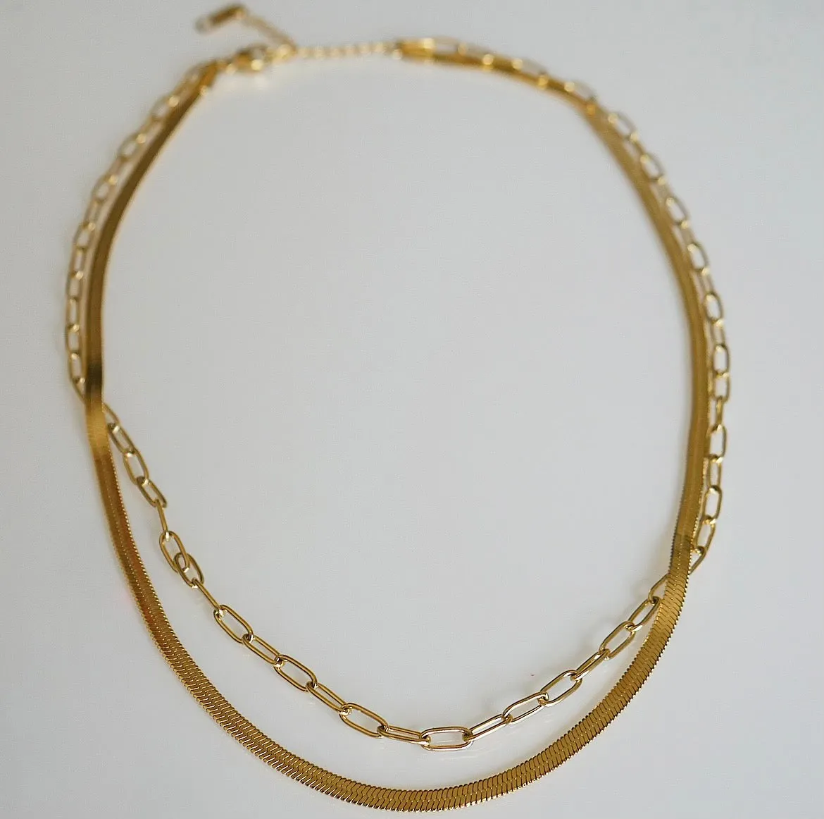 Paperclip Herringbone Layered Necklace 18k Gold Plated Stainless Steel Double Necklaces